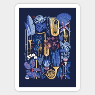 Music to my eyes - oxford navy blue background gold textured musical instruments blue indoor plants coral music notes Sticker